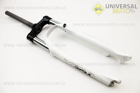 Вилка 26" амортизационная, без резьбы 1-1/8" (28,6мм), шток 255мм, с ходом 100мм, Disk-brake, Preload, алюминиевая, белая SF13-XCM
