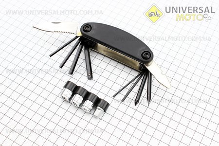 Ключ-набор 15предметов (шестигранники 2,2.5,3,4,5,6,8мм, отвёртки прямая и фигурная, головки 8,9,10мм, спицной ключ, нож-пила, лопатка), KL-9803. Китай (Велоинструмент / UM4070-V04)