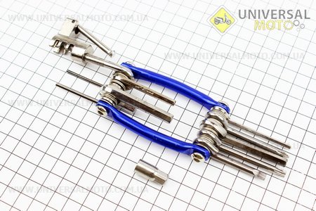 Ключ-набор 12предметов (шестигранники 2,2.5,3,4,5,6,8мм,Т25 ключ-звездочка, отвёртки прямая и фигурная, откидная выжимка цепи, лопатка), KL-9835S. Китай (Велоинструмент / UM4070-V33)