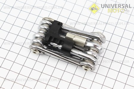 Ключ-набор 12предметов (шестигранники 2,2.5,3,4,5,6,8мм, отвёртки прямая и фигурная, Т25 ключ-звездочка, выжимка цепи, лопатка), KL-9835. Китай (Велоинструмент / UM4070-V75)