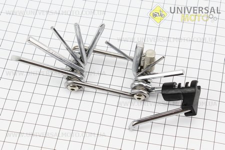 Ключ-набор 12предметов (шестигранники 2,2.5,3,4,5,6,8мм, отвёртки прямая и фигурная, Т25 ключ-звездочка, выжимка цепи, лопатка), KL-9835. Китай (Велоинструмент / UM4070-V75)