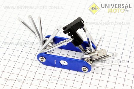 Ключ-набір 15 предметів (шестигранники 2,2.5,3,4,5,6,8мм, викрутки пряма та фігурна, Т25 ключ-зірочка, гайкові ключі 8,9,10мм, вичавка ланцюга, лопатка). Китай (Велоінструмент / UM4070-V77)