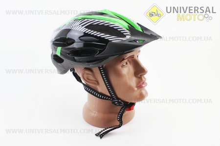 Шолом велосипедний L (54-62 см) знімний козирок, 21 вент. отворів, системи регулювання за розміром Divider та Run System SRS, чорно-зелено-білий. Китай (Велоекіпировка / UM4081-V67)