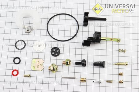 Ремонтний комплект карбюратору, 17 деталей і поплавок + важіль 168F / 170F. Китай (Запчастини на мотоблок з двигуном 168F / UM6014-V26)