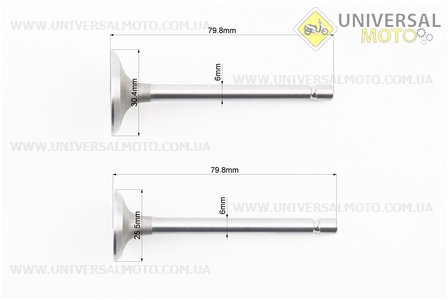 Клапан впускний (h-79,8; D-30,5; d-6), випускний (h-79,8; D-25,5; d-6) комплект 2шт 178F. Китай (Запчастини на мотоблок з двигуном 178 и 186F / UM6020-V58)
