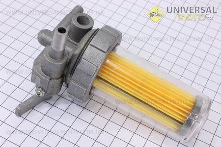 Кран паливний + фільтр у пластмасовому, прозорому корпусі (вхід/вихід убік). Китай (Запчастини на мотоблок з двигуном 175 та180N / UM6031-V38)