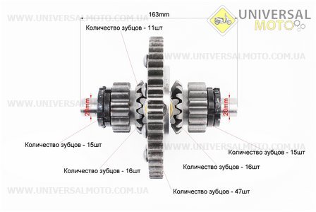 Диференціал в зборі Z=47, Z=15x16, Z=11 JR-Q12E (120-1). Китай (Запчастини на мототрактор / UM6080-V55)