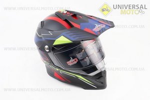 Шолом кросовий/ендуро/АТV зі склом (сертифікації DOT/ECE) SCO-819-7 S (55-56см), ЧОРНИЙ матовий з синьо-червоно-зеленим малюнком. Scorpion (Шоломи / UM3309-V48)