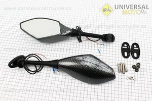 Дзеркала з поворотниками на мотоцикл "ромб" під два болта комплект, КАРБОН "довга ніжка" (ССС - знак якості). Китай (Мотодзеркала / UM3376-V25)