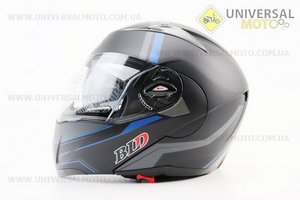 Шолом модуляр, закритий з відкидним підборіддям+відкидні окуляри BLD-158 М (57-58см), ЧОРНИЙ матовий з синьо-сірим малюнком. BLD (Шоломи / UM3602-V57)