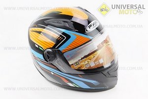 Шолом інтеграл, закритий HF-111 S, ЧОРНИЙ глянець з оранжево-синім малюнком Q249 (можливі потертості). FXW (Шоломи / UM3603-V09)