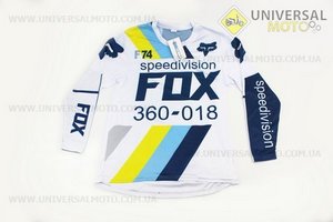 Футболка (Джерсі) чоловіча M-(Polyester 80% / Spandex 20%), довгі рукави, вільний крій, біло-синя, НЕ оригінал. FOX (Мотоекіпировка / UM4081-V57)